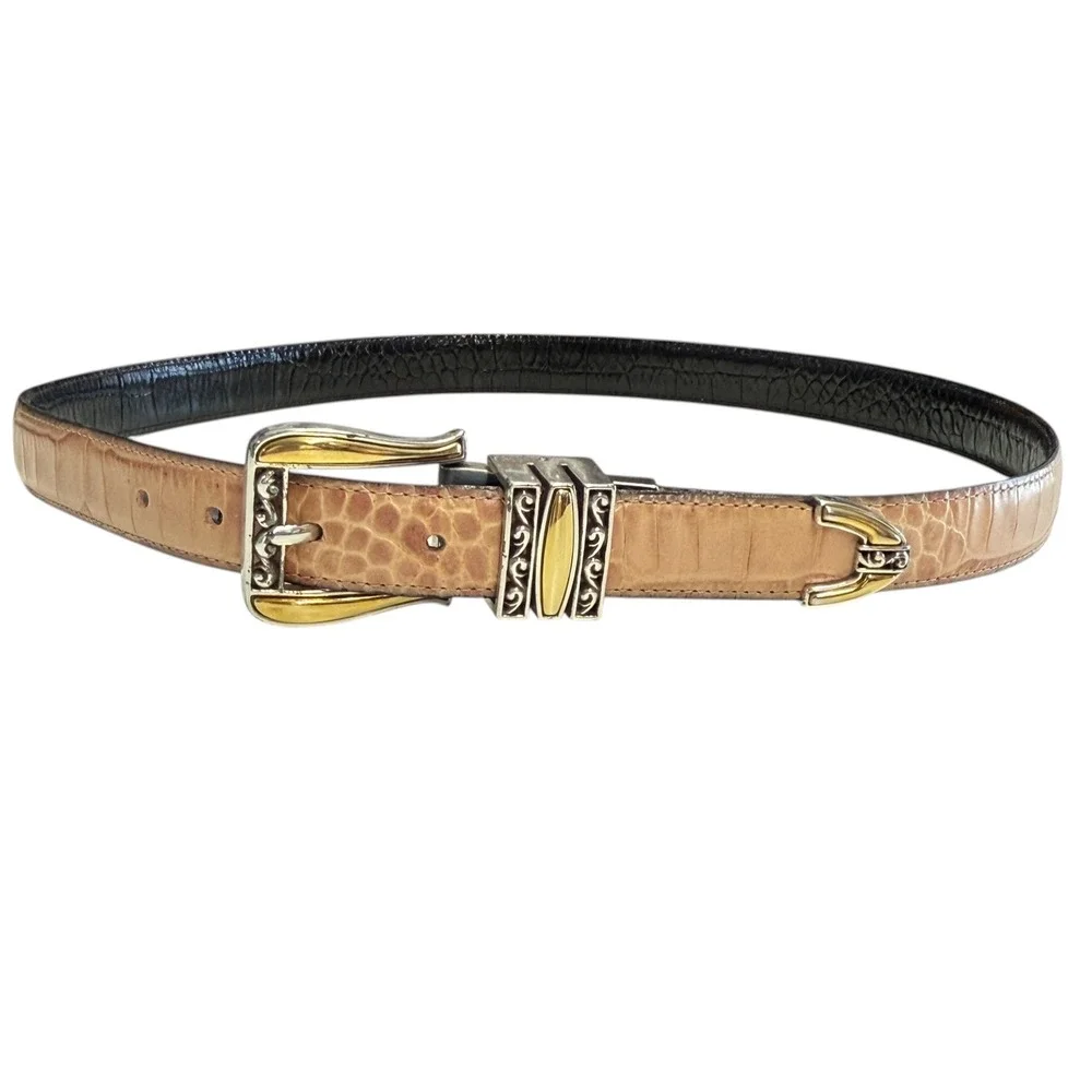 Brighton Womens Reversible Black Tan Belt Embossed Leather Silver Gold Buckle XL